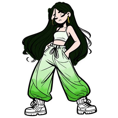girl in baggy pants crop top and long hair