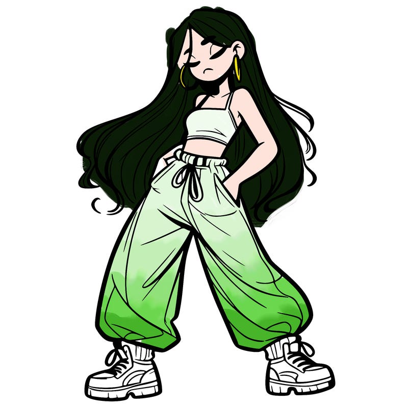 girl in baggy pants crop top and long hair