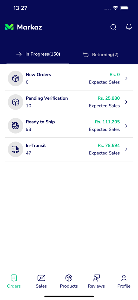 Painel do aplicativo Markaz Fornecedor mostrando status de progresso de pedidos como Novos Pedidos e Pronto para Envio com totais de vendas esperados