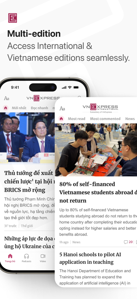 Screenshot of the VnExpress app interface showing both Vietnamese and International news editions side-by-side
