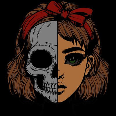 realistic girl with half skull mask