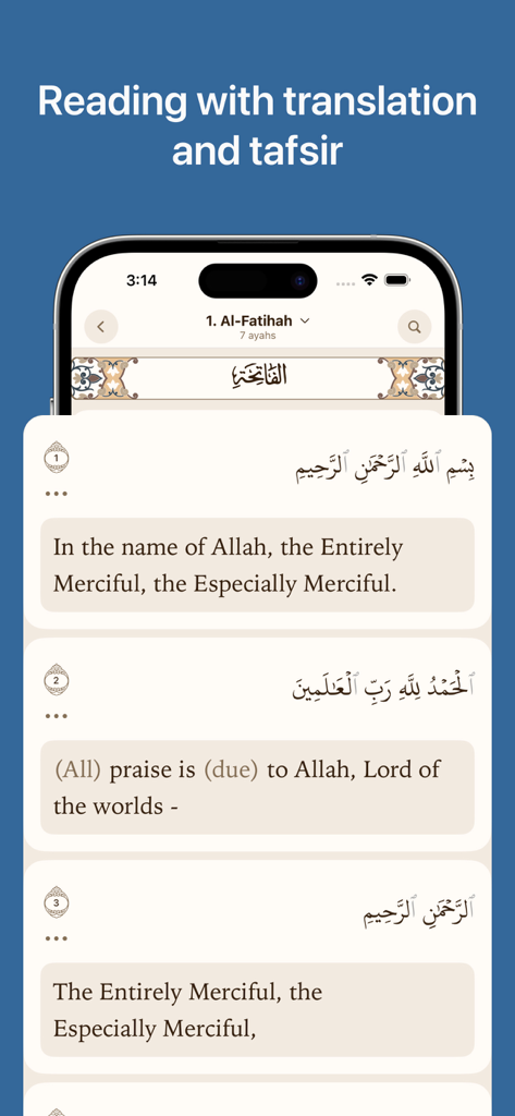 Screenshot of the Quran Academy app showing Surah Al-Fatihah with Arabic text and English translation