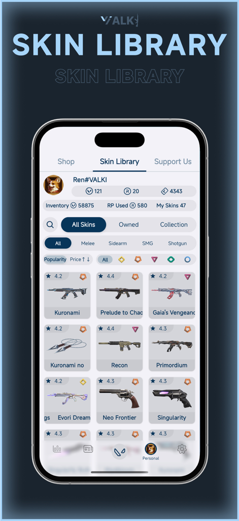 VALKI - VALKI app interface showing the skin library with a collection of Valorant weapon skins