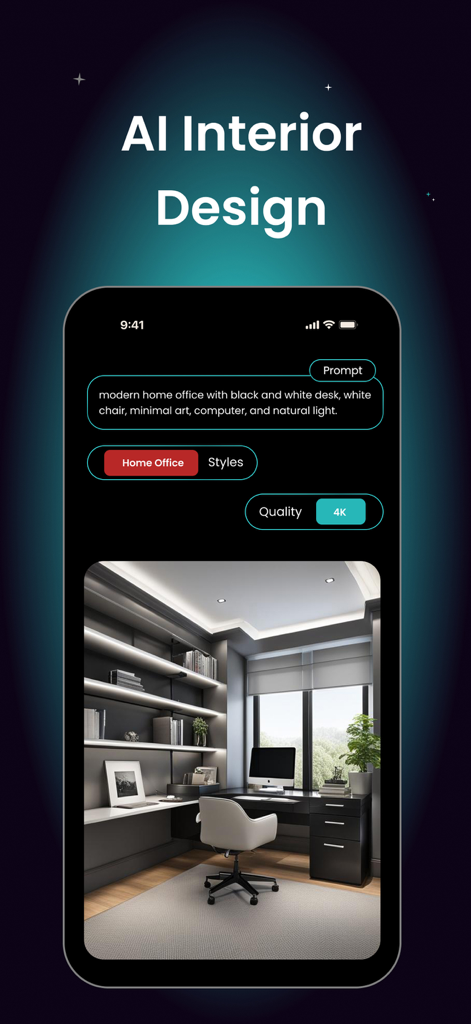 AI Interior and Home Design app showing a modern office prompt and its generated 4K interior image