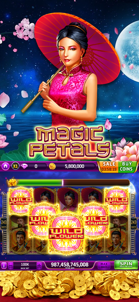 Gold Fortune Casino-Slots Game - Magic Petals theme in Gold Fortune Casino showing an Asian woman with a red umbrella and a slot machine with wild flower symbols