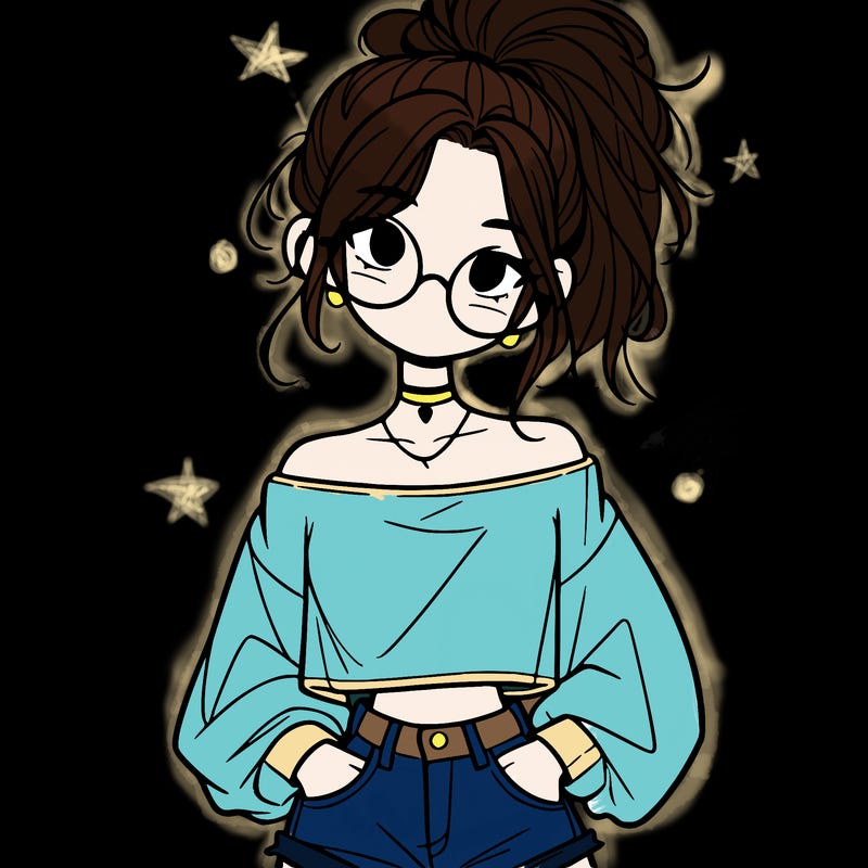 girl with a messy ponytail glasses a baggy crop top and jean shorts