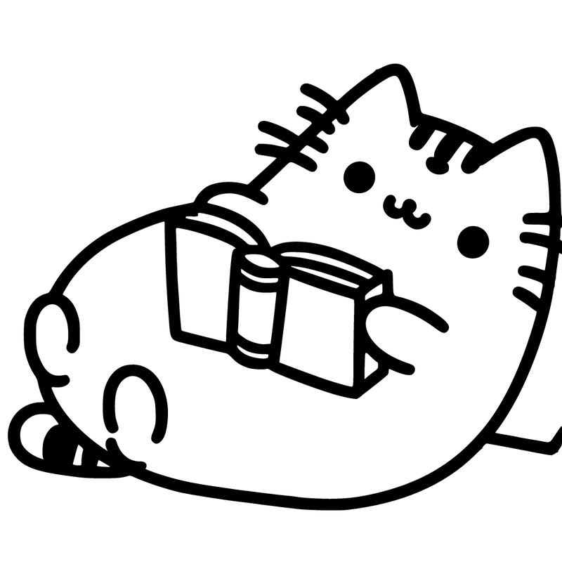 pusheen cat laying on its back reading