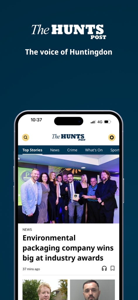 The Hunts Post - A screenshot of The Hunts Post mobile app interface showing local news from Huntingdon.