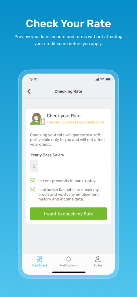 Kashable - Kashable app interface showing a form to check loan rates without affecting the user's credit score