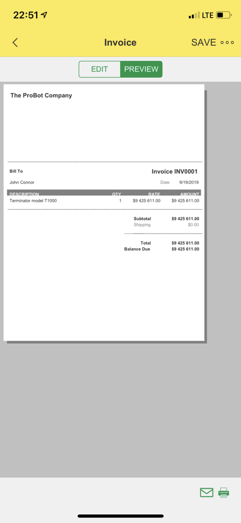 Invoice - Mobile screen showing a professional invoice preview with business and payment details