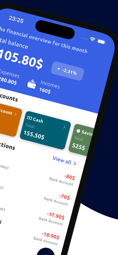 Moneye - Money Manager - Moneye app dashboard displaying total balance monthly income and transaction history
