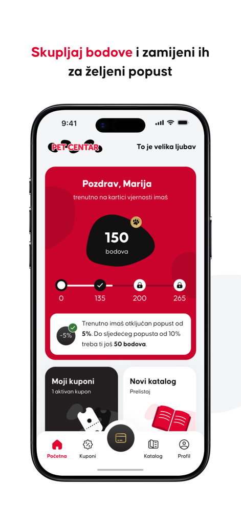 Pet centar HR - Pet centar app dashboard with loyalty points and reward tiers