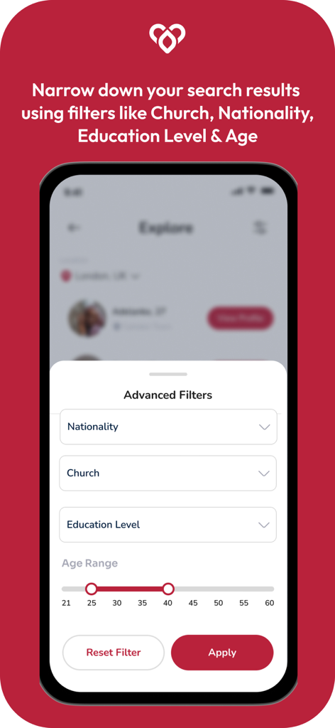 Advanced search filters in the Nexus dating app showing options for church, nationality, education, and age range.