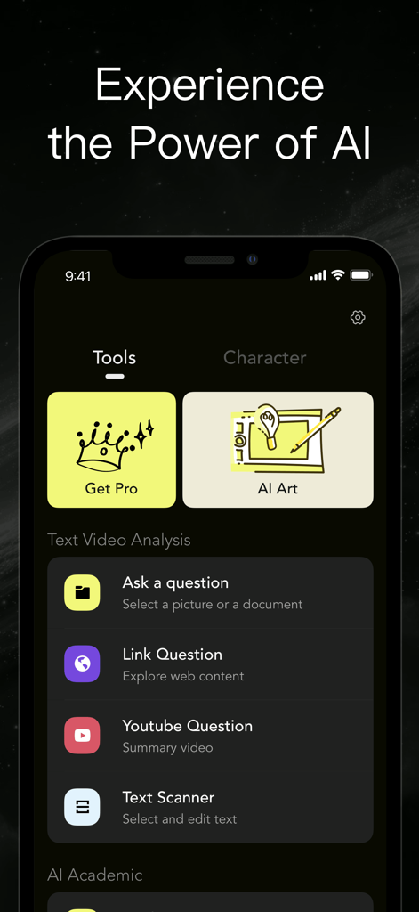 G.AI 4.1 - Ask AI Chatbot - G.AI 4.1 app interface showing AI tools and text video analysis features