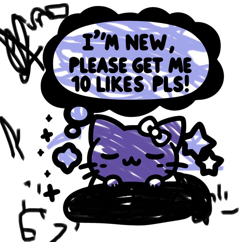 kitty taking a nap dream talking and saying "i'm new, please get me at least 10 likes pls!!"