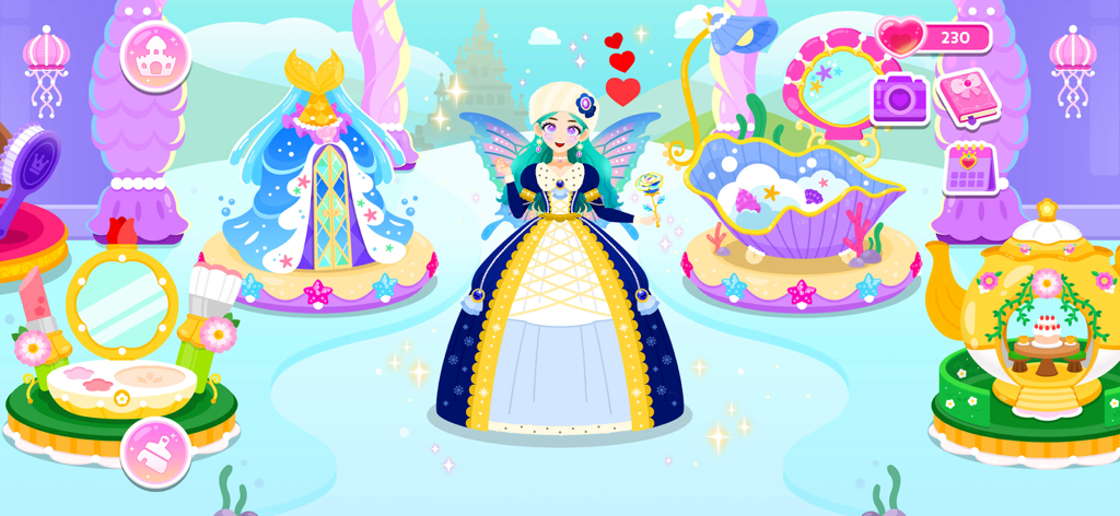Cocobi Princess Party -Dressup - Una princesa hada con un vestido azul rodeada de estaciones interactivas de maquillaje, baño y fiesta de té.