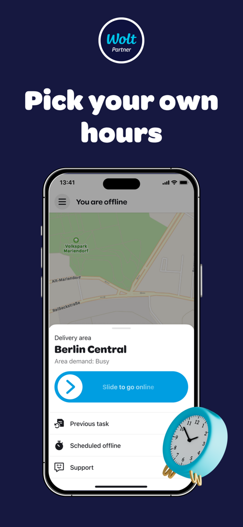 A screenshot of the Wolt Courier Partner app showing the pick your own hours feature with a map interface and a slide to go online button.