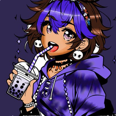 hot baddie anime girl drinking boba and biting the straw