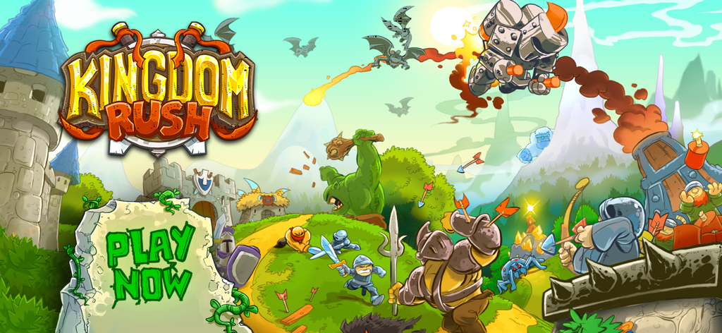 Arte do banner principal de Kingdom Rush Tower Defense com cavaleiros e monstros de fantasia em uma cena de batalha