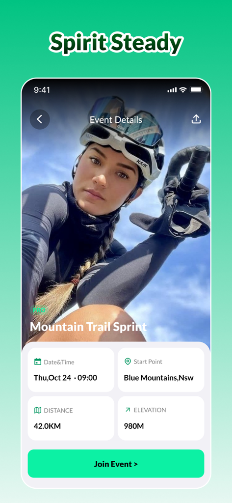 Yeka - Yeka app screenshot showing event details for a mountain trail sprint cycling activity with distance and elevation stats