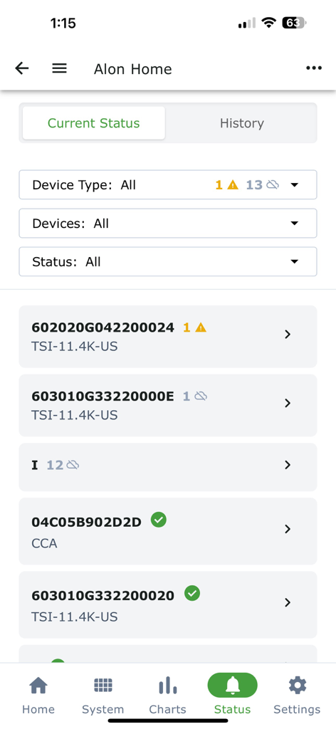 Tigo Energy Intelligence - Lista de estado de dispositivos solares y alertas en la aplicación Tigo Energy Intelligence