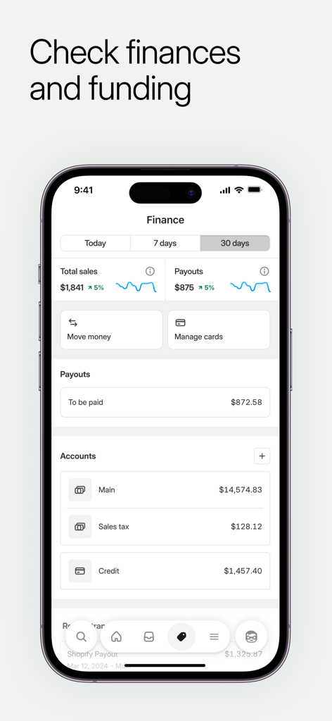 Écran financier de l'application Shopify affichant le total des paiements de ventes et les soldes des comptes