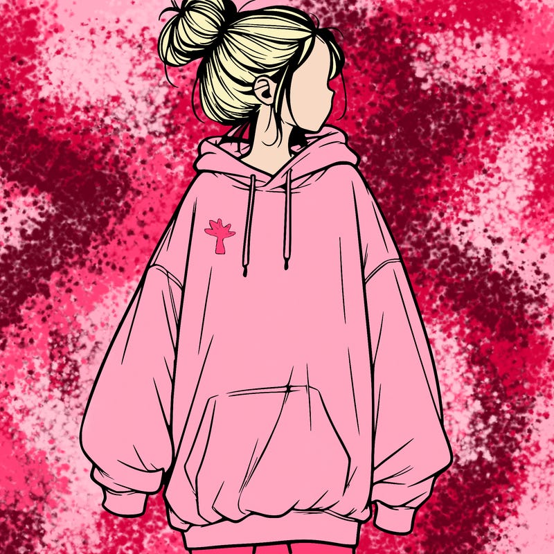 realistic girl with a oversized sweatshirt on and a bun