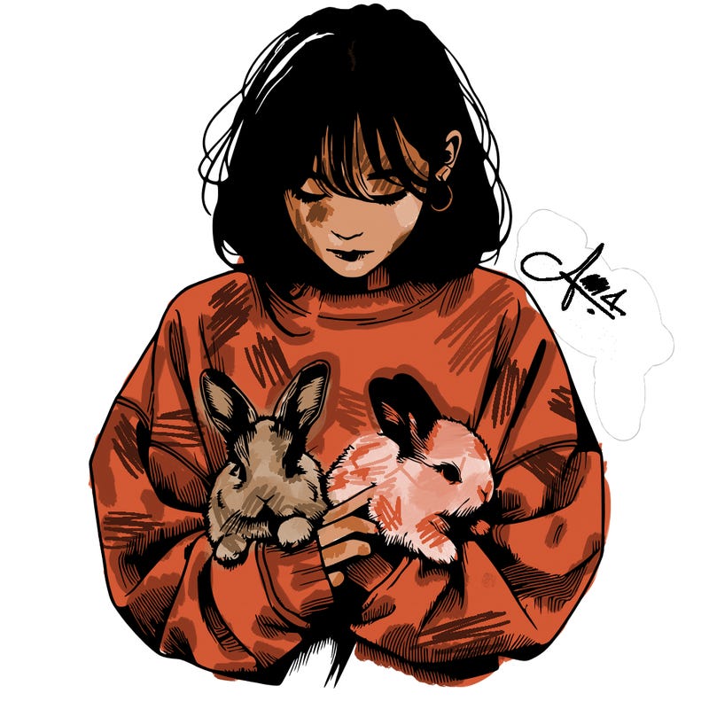 realistic girl with messy bunny baggy sweatshirt and holding bunnies