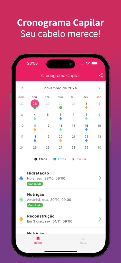 Cronograma Capilar Fácil - Interface de aplicativo móvel mostrando um calendário mensal de cuidados com o cabelo com fases de tratamento para hidratação, nutrição e reconstrução.