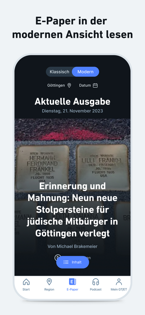 GT/ET - News und Podcast - GT/ET news app screenshot showing the modern E-Paper view with a local news article about Stolpersteine in Gottingen