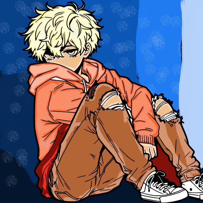 a male hoddie ripped jeans messy hair anime