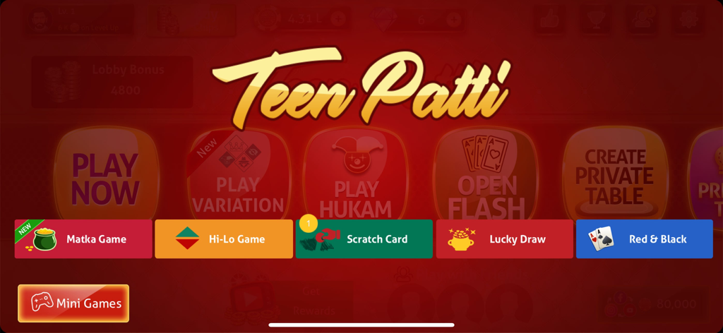 Teen Patti Game - 3Patti Poker - 다양한 포커 모드와 미니 게임이 있는 Teen Patti 게임 메뉴