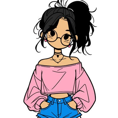 girl with a messy ponytail glasses a baggy crop top and jean shorts