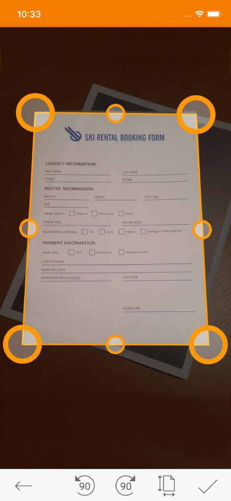 ScanWritr Pro - ScanWritr Proアプリがリアルタイムのエッジ検出と自動クロップ円でドキュメントをスキャンしている様子