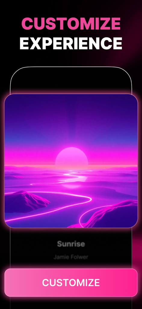 Bass Booster - Equalizer - Interfaz de la aplicación Bass Booster mostrando una opción de experiencia de personalización con arte de álbum de amanecer rosa