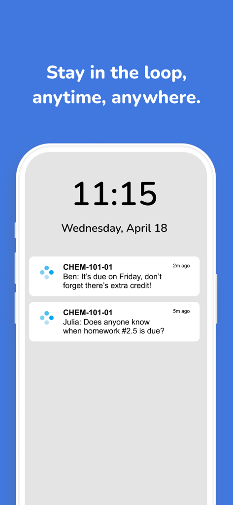 A smartphone lock screen showing push notifications from the CircleIn app with messages from classmates about chemistry homework.