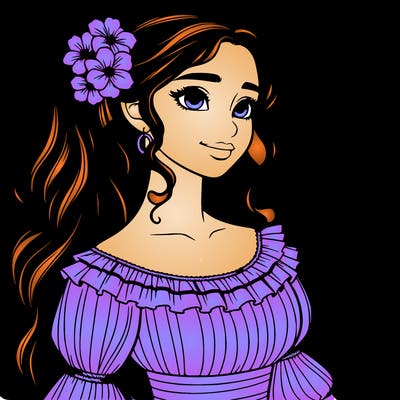 a single latina woman with a side ponytail and a long dress with ruffles. she has a few discreet flowers in her hair. realistic