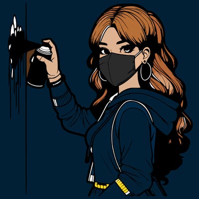 realistic girl with mask spray painting a wall