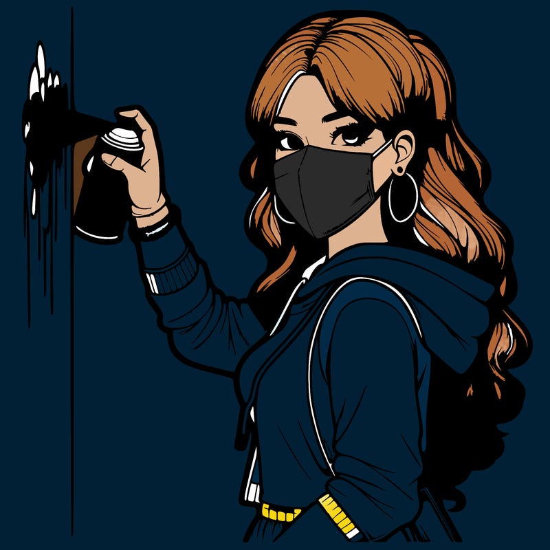 realistic girl with mask spray painting a wall