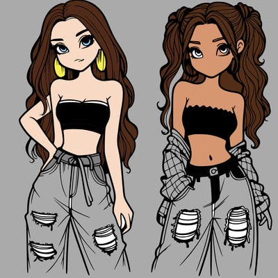 2 girls in crop tops and baggy jeans ripped