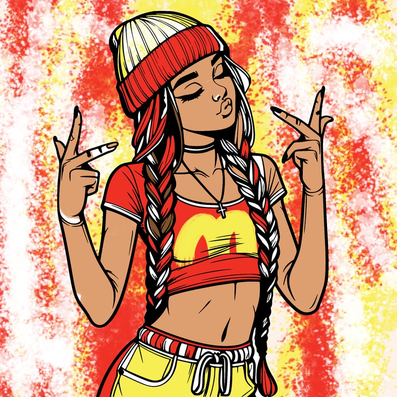 realistic teenage girl with braids and a beanie and crop top doing 🫶🏼