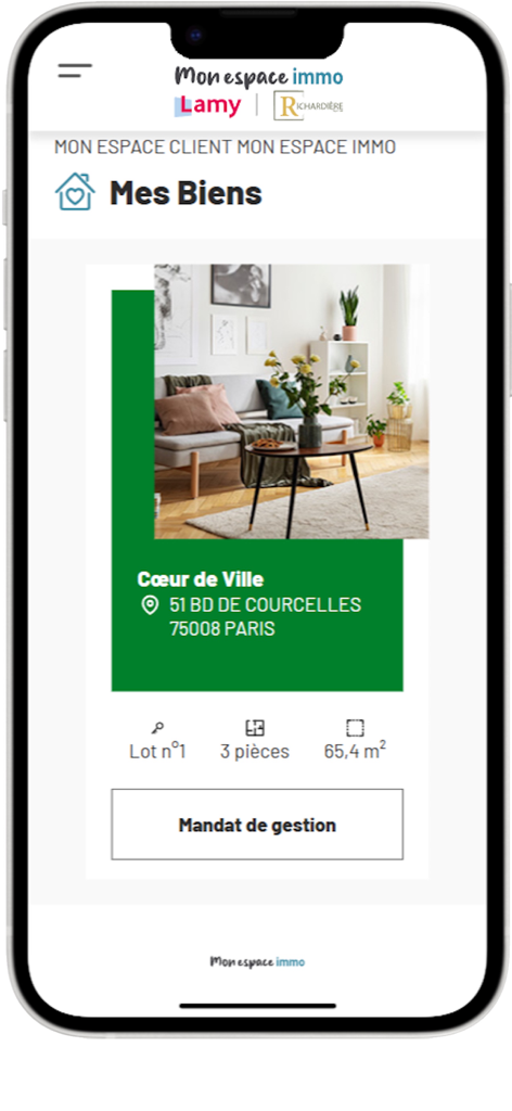 Mon espace immo particuliers - Écran de détails de la propriété dans l'application Mon espace immo affichant un appartement parisien avec sa taille et le nombre de pièces.