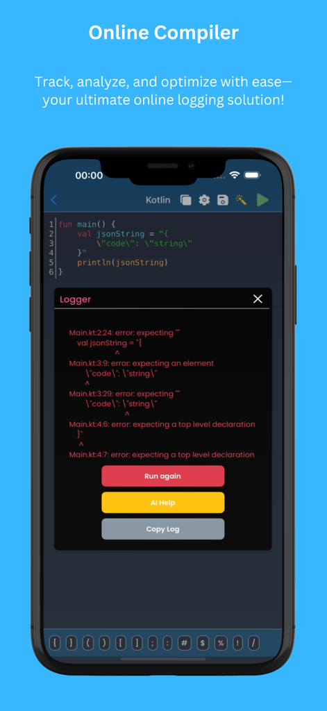 AI Coding Editor & Compiler - Tela do aplicativo móvel mostrando um compilador de código Kotlin com uma sobreposição de log de erros e um botão de ajuda IA.