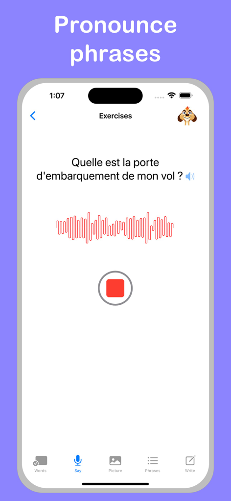 A French pronunciation exercise in the Learn French Plus app showing a travel phrase and a voice recording button