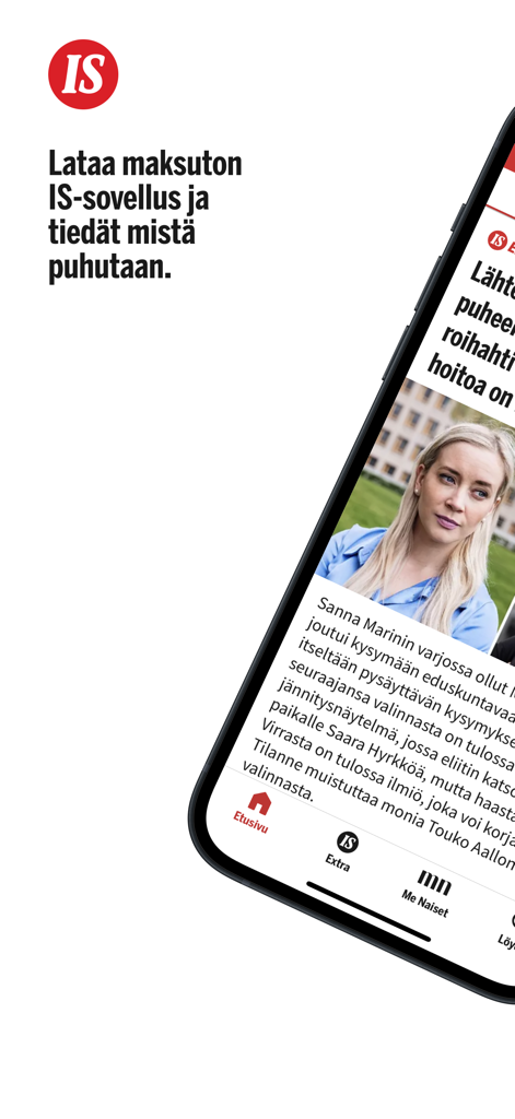 Interfaz de la aplicación móvil Ilta-Sanomat mostrando titulares y artículos de noticias finlandeses