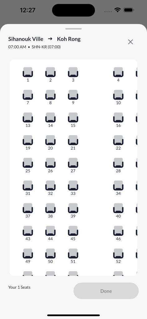 Island Speed Ferry - Island Speed Ferry app seat selection screen for the Sihanouk Ville to Koh Rong ferry route.