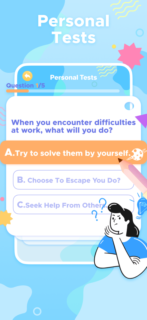 職場での問題解決に関する質問が表示されたSoul Insightアプリの性格テストインターフェース。
