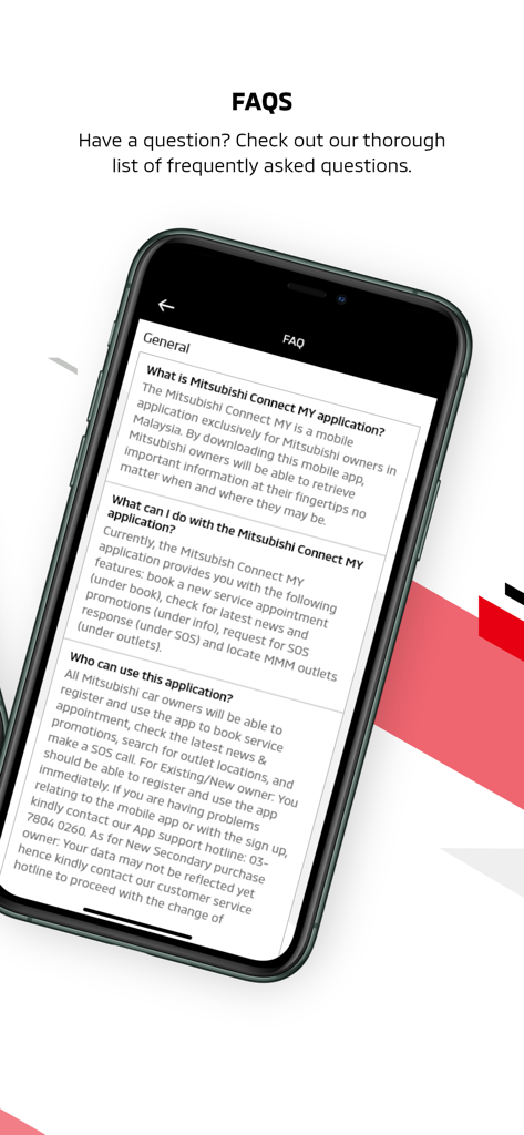 Un écran de smartphone affichant la section des questions fréquemment posées de l'application Mitsubishi Connect MY.