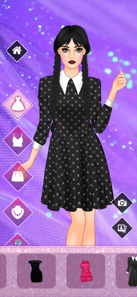 Sparkle Me - Makeover game - Sparkle Meメイクオーバーゲームで、スカル柄のドレスを着た黒い編み込みのキャラクター