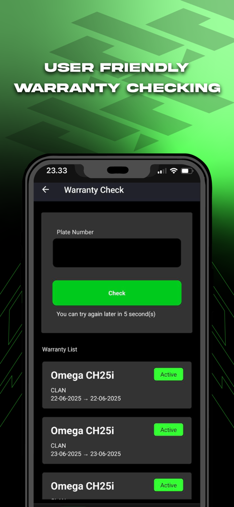 CLAN Automotive - Pantalla de la aplicación móvil para verificar garantías de iluminación automotriz utilizando un número de matrícula.